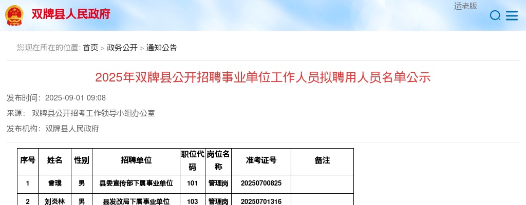 2025湖南永州双牌县招聘事业单位工作人员拟聘用人员名单公示 图片