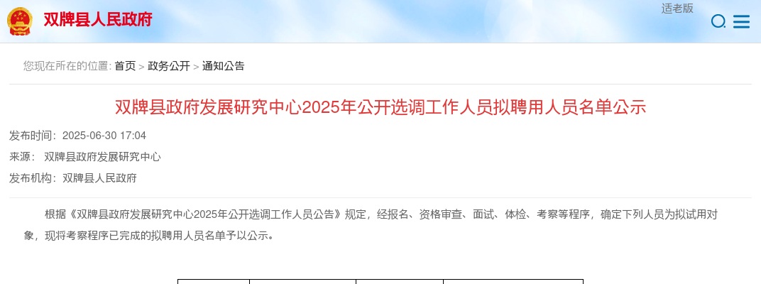 2025湖南永州市双牌县政府发展研究中心选调工作人员拟聘用人员名单公示 图片